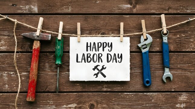 Happy labor day celebration with tools on a rustic wooden background