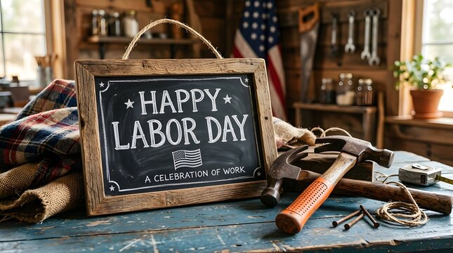 Happy labor day celebration with tools and chalkboard sign
