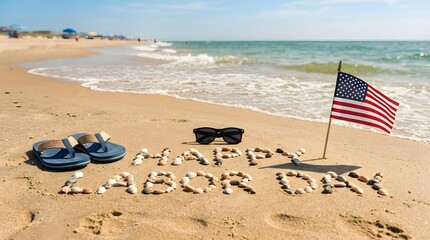 Happy labor day beach scene with american flag sunglasses and flip flops
