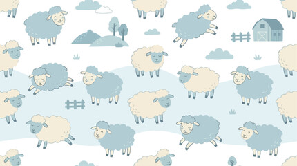 Adorable vintage flock of sheep vector in soft pale blue and white, featuring a charming nursery aesthetic with hand-drawn childlike elements for baby shower decor and kids room wallpaper