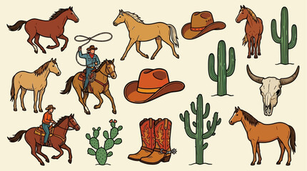 Obraz premium Hand Drawn Western Cowboy Vector Illustration Collection Featuring Wild West Elements Like Horse Silhouette Rustic Leather Boots Traditional Felt Hat and Boho Desert Style Graphic Design Assets