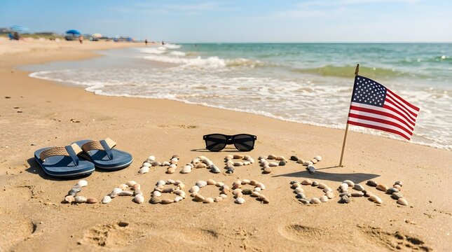 Happy labor day beach scene with american flag sunglasses and flip flops