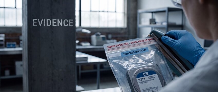 Forensic investigator sealing evidence bag containing computer hard drive disk inside digital forensics cyber crime laboratory environment, securing data storage hardware with tamper-evident heat seal