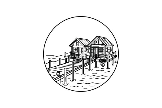 Wooden Cabins on Pier Badge Design