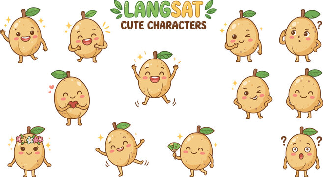 Cute Kawaii Langsat Fruit Mascot Character Set with Different Facial Expressions Emotions and Sparkles Vector Sticker Graphic Designs for Kids