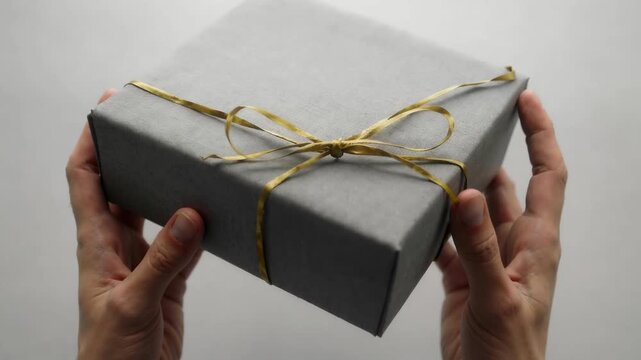 Hands Tying a Ribbon Around a Gray Gift Box on a Minimalist Surface for Celebration