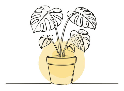 Monstera deliciosa plant in pot line art. Generative AI