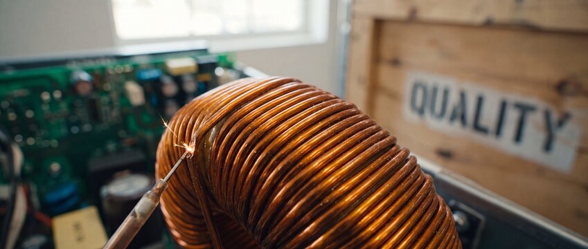Copper coil soldering electronics repair close up with spark during quality control testing in workshop, showing winding inductor wire components on circuit board backdrop for industry concept.