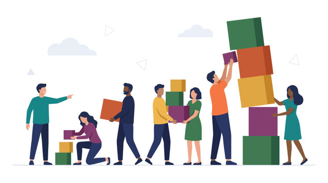 Diverse group of professional people working together to stack and organize colorful boxes in a flat illustration style, representing effective teamwork and illustrating business growth