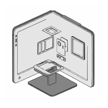 Portable monitor exploded view flat vector clipart. Generative AI