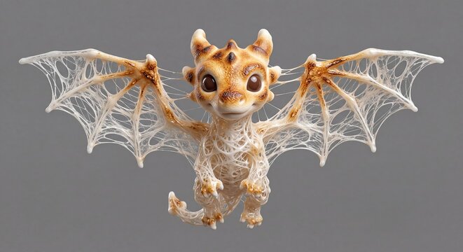 Small dragon made of melted marshmallow with sugar web wings. Cute creature fantasy character with big eyes. Sweet confectionery art for food creative design and mythical tale.