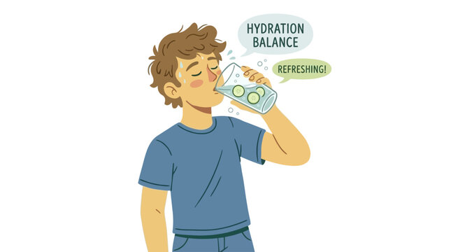 Thirsty young man drinking fresh cool water infused with green cucumber slice from transparent glass to stay hydrated during hot summer day healthy lifestyle and wellness concept