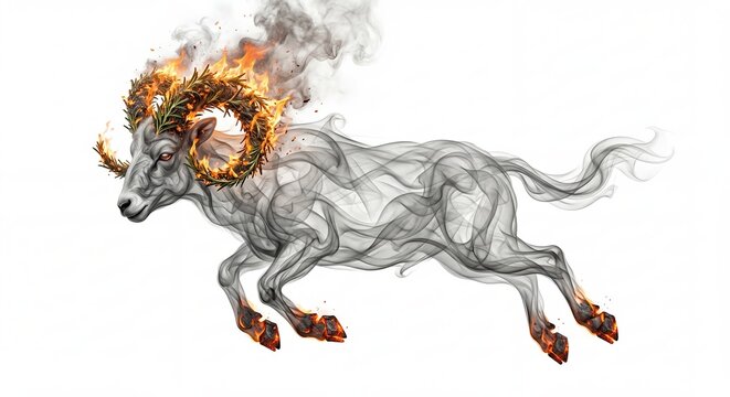 Ram made of smoke with burning flaming horns and glowing hooves. Surreal artistic animal illustration representing Aries zodiac sign. Fantasy creature energy for astrological concept.