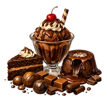 Delicious chocolate dessert assortment with ice cream cake candies and lava cake on gray background.
