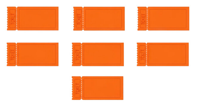 Seven orange event tickets arranged in a grid pattern isolated on transparent background