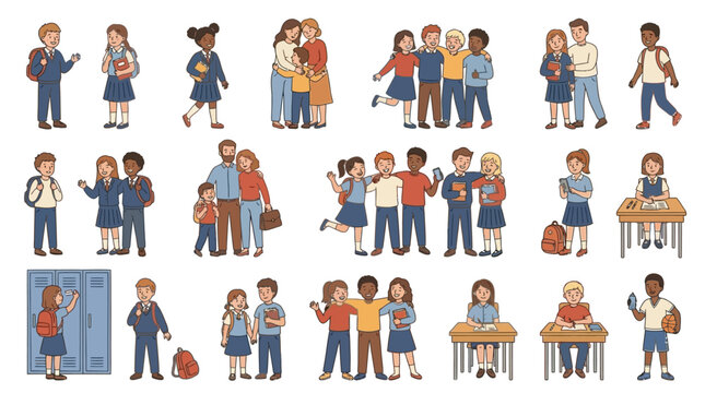 Comprehensive collection of flat vector illustrations featuring diverse preteen and teenage schoolkids with backpacks and books preparing for the back to school academic autumn season.