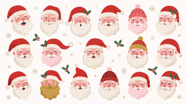 Collection of Adorable Hand Drawn Santa Claus Character Faces Featuring Various Festive Emotions and Expressions for Holiday Season Graphic Design Projects Vector Illustration Set
