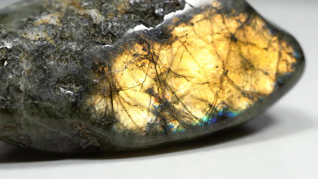 Macro slow pan across a rough cutout of a natural labradorite rock revealing metallic blue and gold light reflections on a white surface