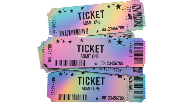 Stack of colorful holographic admit one tickets isolated on transparent background