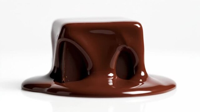 Rich dark liquid chocolate pouring over a solid chocolate cube on a clean white surface.