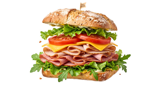 Huge deli sandwich overflowing with ham cheese lettuce and tomato on bun.