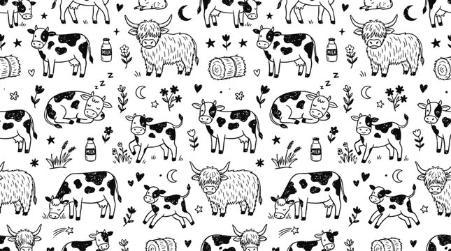 Adorable Hand Drawn Baby Cow Vector Seamless Pattern Featuring Cute Farm Calves in Minimalist Black and White Doodle Style for Nursery Textile Wallpaper and Kids Room Decorative Background
