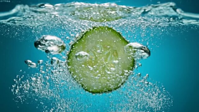 Sliced cucumber falling into fresh water with splash and air bubbles.