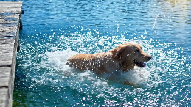 Slow motion extreme close up of a golden retriever jumping from a wooden dock into crystal clear blue lake water with splashing droplets