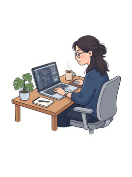 Woman programmer coding on laptop at desk with coffee and plant