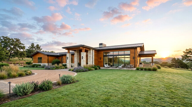 Luxury suburban home at sunset with landscaped yard and stone walkway
