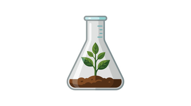 Create a detailed vector illustration of a plant growing in a laboratory beaker with soil and green leaves in a science environment.