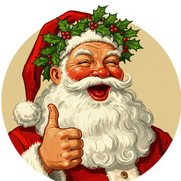 exceptionally robust santa claus laughing, with a snow-white beard and holly wreath, giving a thumbs-up. vintage 1940s chromolithography illustration, tight vignette composition. concept of classic