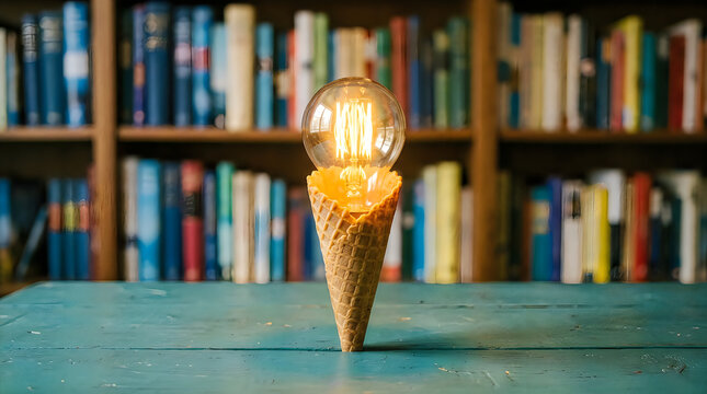 Vintage edison bulb in waffle cone bookshelf background creative concept