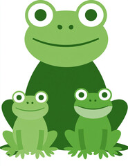 Fototapeta premium A cartoon illustration of a large frog sitting behind two smaller frogs, all in shades of green.