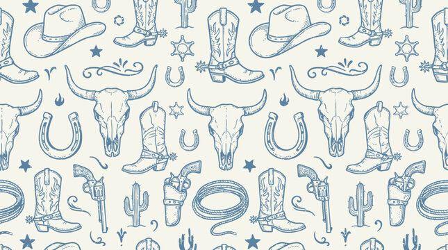 Hand drawn vintage western cowboy seamless pattern featuring stetson hat leather boots rustic bull skull gold sheriff badge and horseshoe symbols on textured neutral background vector design