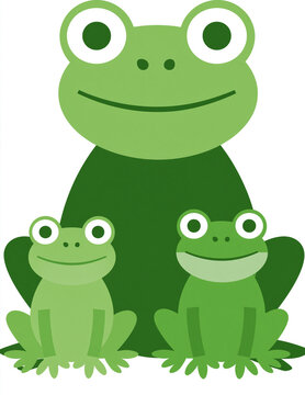 A cartoon illustration of a large frog sitting behind two smaller frogs, all in shades of green.