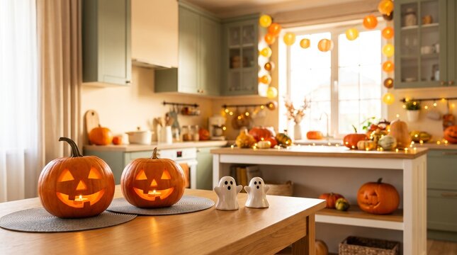 Cozy kitchen interior with carved pumpkins and ghost figurines celebrating halloween autumn holiday with kitchen setting with setting