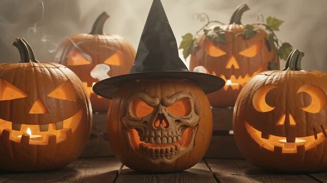 A spooky collection of carved pumpkins with glowing faces and a witch hat arranged on a wooden surface with some wearing witch hats, pumpkins illuminated interiors