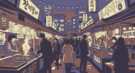 Obraz premium Vibrant Night Market Scene with Shoppers and Colorful Signs
