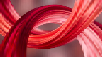 Abstract intertwined red ribbons with vertical glass stripes wallpaper, a dynamic and visually striking design perfect for modern backgrounds and promotional materials, conveying motion and energy. © KP Stock