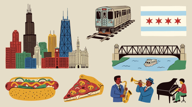 Detailed Chicago Travel Vector Illustration Set Featuring Iconic City Skyline Urban Train Architecture Municipal Flag Scenic River Bridge Local Deep Dish Pizza and Classic Hot Dog Symbols