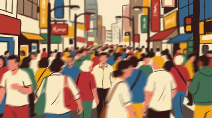 Obraz premium Motion blurred urban scene featuring a busy crowd of anonymous people walking on a vibrant metropolitan street in the city, captured through artistic lens blur, conceptual generative ai.