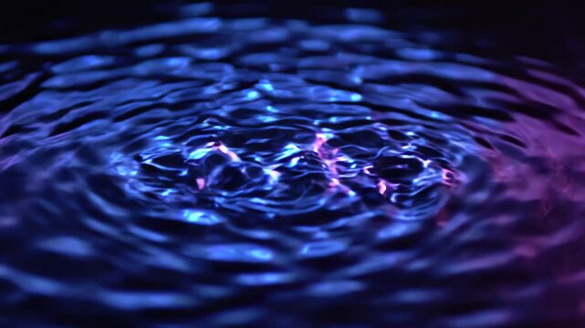 Cinematic motion of glowing blue and purple light ripples echoing across a deep black stream in a seamless hypnotic loop