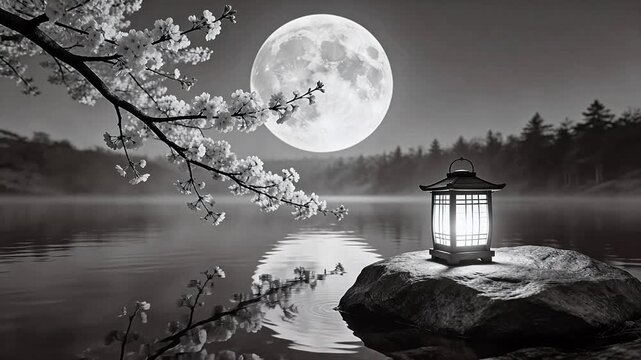 Moonlit lake with lantern and cherry blossoms