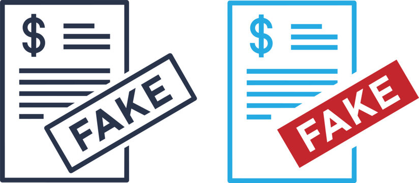 Two stylized icons representing fake financial documents with dollar signs and stamped text isolated on transparent background