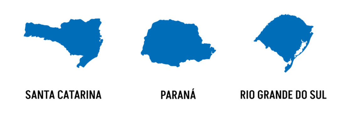 Vector Illustration of the Three Southern States of Brazil Maps Featuring Paran&aacute;, Santa Catarina and Rio Grande do Sul Isolated on Transparent Background
