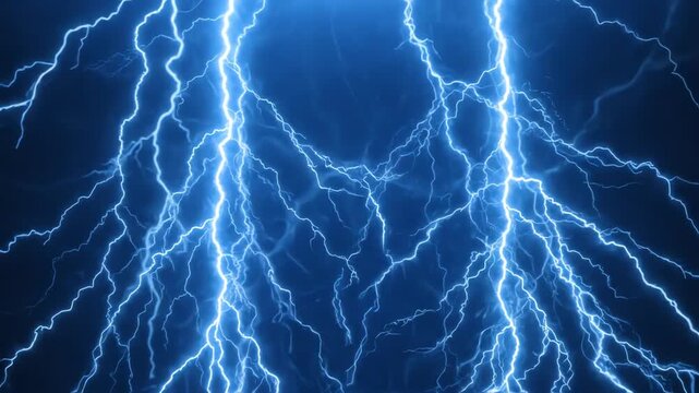 Electric blue lightning bolts flashing against a deep azure background with forced perspective and glowing energy trails