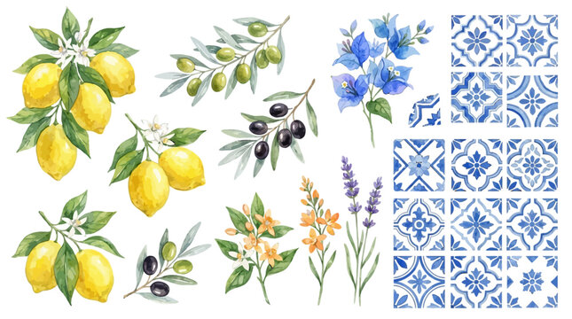 Watercolor Illustration Set of Vibrant Mediterranean Lemon Blossoms, Ripe Green Olives, and Traditional Blue Decorative Elements Inspired by Coastal Tales and Rustic European Summer Aesthetic.