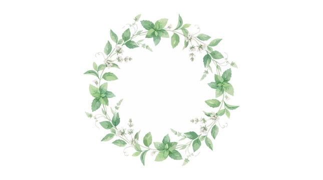 Hand-painted watercolor mint branch wreath botanical vector illustration featuring lush green leaves and peppermint foliage isolated on a clean white background for circular border design