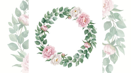 Artistic watercolor vector illustration of a botanical circular wreath featuring lush green eucalyptus foliage, delicate blooming pink peony flowers, and rustic decorative wood branches. © Lang